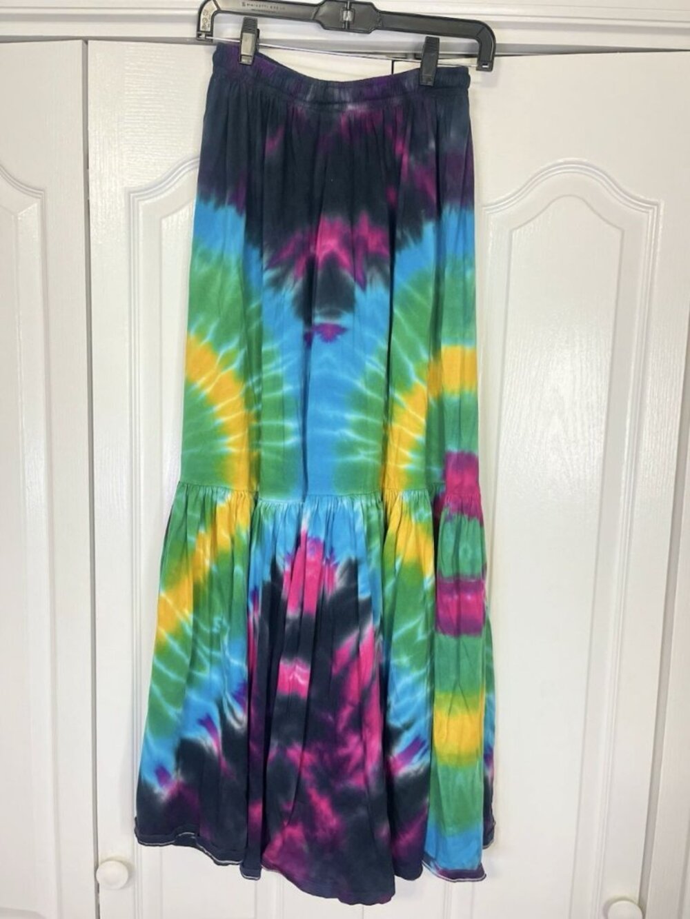 Boho Tie Dye Wide Leg Pants OS Ruffle Tiered Cotton Flare Stretch Drawstring - Picture 6 of 7
